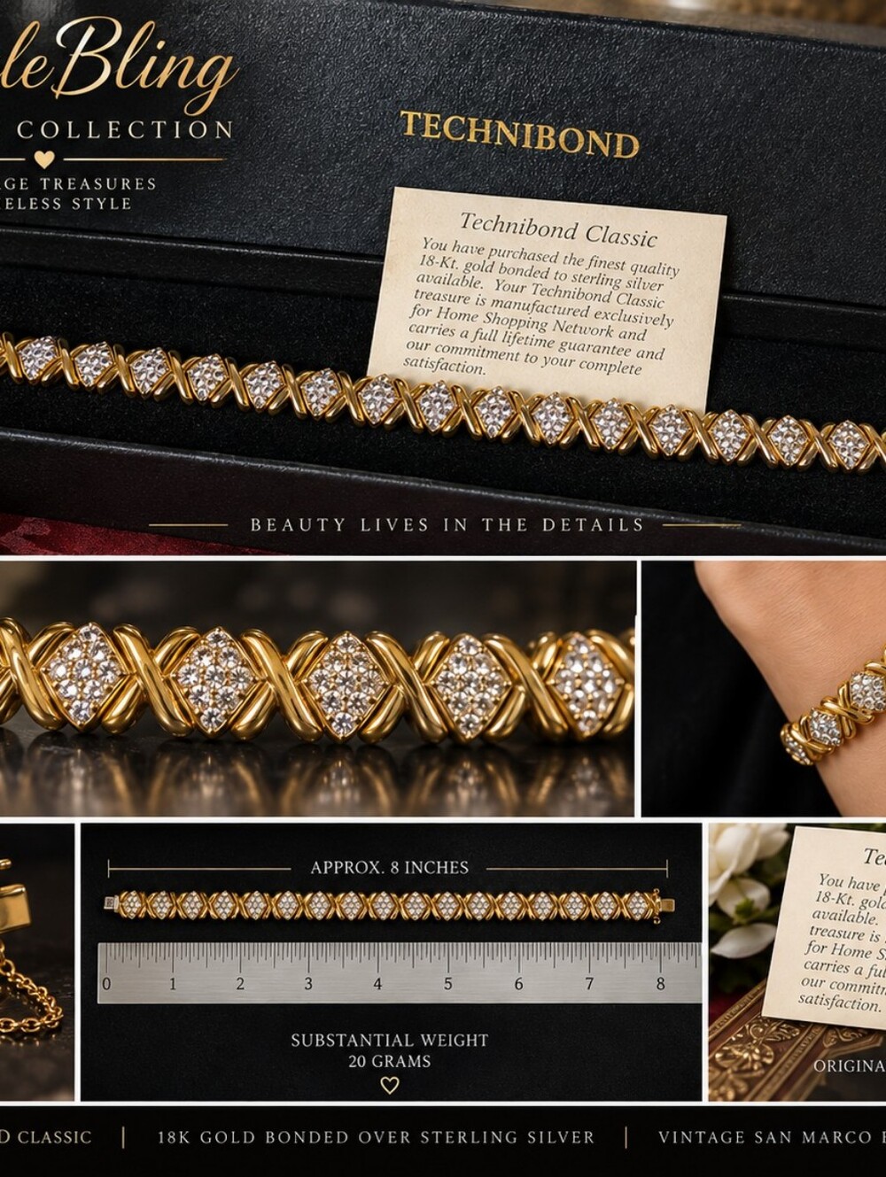 Vintage 90's Technibond San Marco 18K Gold Sterling CZ Bracelet 8in 20g